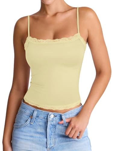 PINKMSTYLE Y2K Lace Square Neck Cami Tank Double Lined Slim Fit Spaghetti Strap Tank Top Date Night Outfit Light Yellow X-Small - Image 1