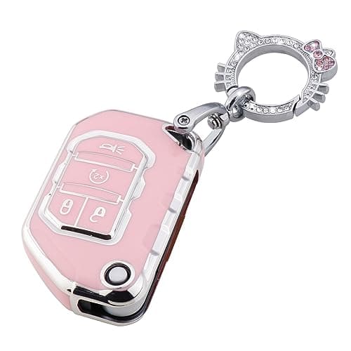 Pangpai Pink Key Fob Cover for Jeep, Soft TPU Key Case Protection with Bling Keychain Fit for 2018-2022 Jeep Gladiator Wrangler Sahara Rubicon - Image 1