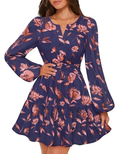 MEROKEETY Fall Wedding Guest Dresses for Women Long Sleeve Floral Casual Lightweight Flowy Swing Boho Dress Pockets, Navy, Small - Image 1