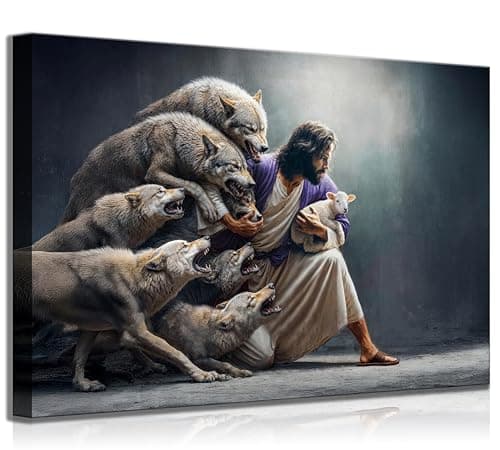 Jesus and Sheep Canvas Wall Art Christian Jesus Saves and Protects Lost Sheep Painting Picture Wall Decor Poster Print Artwork Bedroom Living Room Office Home Decoration - Image 1