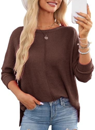 Dokotoo Womens Long Sleeve Tops Plus Size Women Blouses Dressy Casual Fall Outfits for Women 2026 Oversized Shirts Waffle Knit Top Business Casual Outfits Brown Blouses M - Image 1
