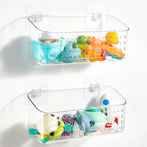 Eunion Bath Toy Storage 2 Packs, Large Bath Toy Holder, Quick Dry Bathtub Toys Organizer, Shower Caddy Shower Organizer for Bathroom Storage, No Drill Shelves Basket, Drainable, Clear White - Image 1