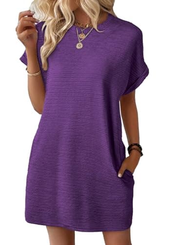 EVALESS Womens Summer Dresses 2026 Fashion Short Sleeve Cute Spring Mini Dress Crewneck Solid Casual Beach Vacation Tshirt Dresses