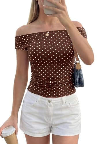 PRETTYGARDEN Womens Off The Shoulder Tops 2026 Summer Y2K Clothes Going Out Shirts Ruched Tank Top Date Night Outfits (Polka Dot Brown Beige,Small) - Image 1