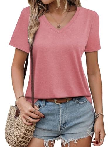 GKBK Womens Short Sleeve T Shirts V Neck Tops Summer Trendy Comfy Casual Basic Tee Shirt White-Red,XL - Image 1
