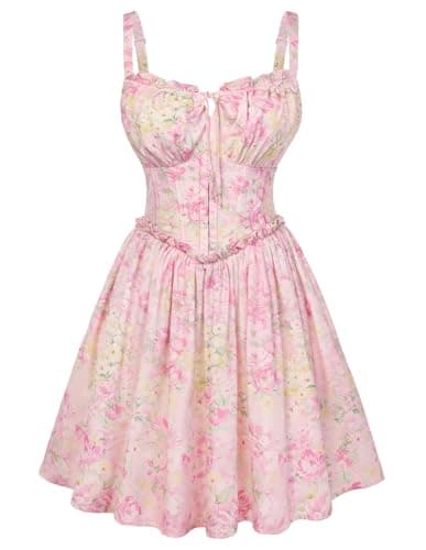 Scarlet Darkness Floral Corset Dress for Women 2026 Summer Sundress Lace Up Mini Milkmaid Dresses with Pockets - Image 1