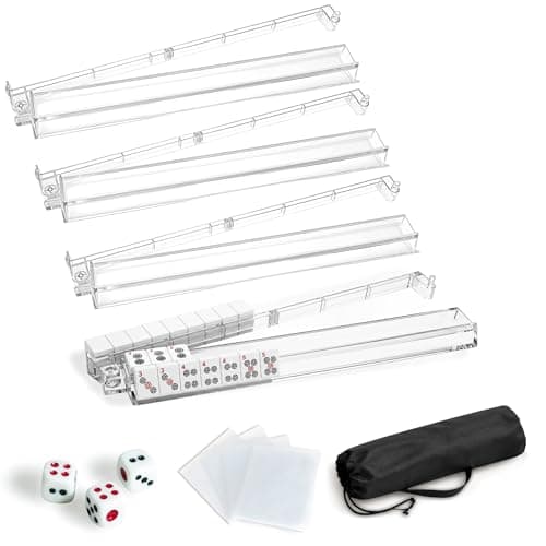 American Mahjong Racks with Pushers Complete Accessories Set, 4 Clear Acrylic Mahjong Racks, 4 Card Sleeves, 3 Large 19.6mm Dice, 420D Waterproof Storage Bag, Mahjong Accessories for American Mahjong - Image 1