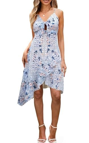 ECOWISH Polka Dot Women Summer Dresses Casual Midi A Line Ruffle High Low Sleeveless Boho Floral Halterneck Cocktail Sundress 91Blue Flower X-Large - Image 1