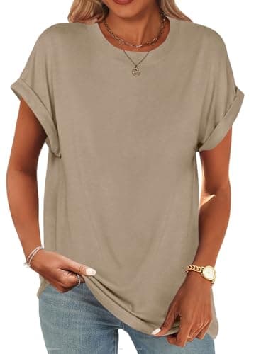 UNCLECAT Women's Short Sleeve T Shirts Trendy Crew Neck Curve Hem Soft Tunic Tops Summer Outfits 2026 Khaki - Image 1