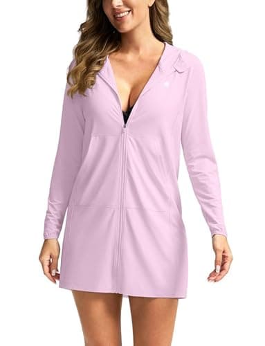 Women's UPF 50+ Swim Cover Up Sun Protection Hoodie Long Jacket SPF Lightweight Beach Cover Ups for Women(Pink,XS) - Image 1