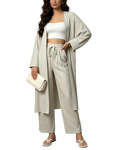 Joyfunear Women's Macthing Sets Long Cardigan and Pants Party Vacation Beach Cruise Two Piece Outfit With Drawstring Pockets Apricot Medium - Image 1