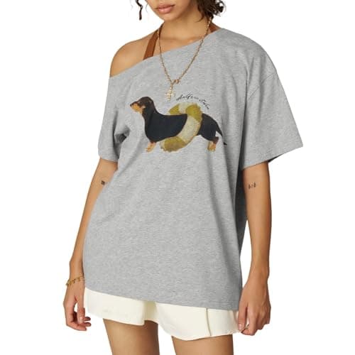 Aelfric Eden Dachshund Off The Shoulder Tshirts Women's Oversized Graphic Tees Short Sleeve Summer Cute T Shirts Y2K Tops Gray Large - Image 1