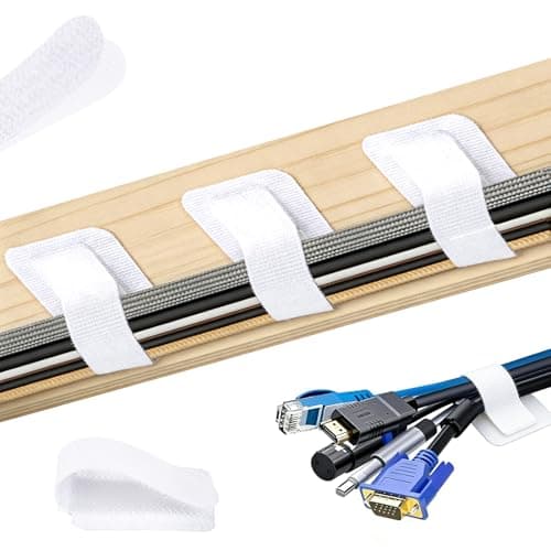 100 Pcs Hook and Loop Cable Ties, Self Adhesive Cable Management Desktop Cable Straps, Adjustable Cord Organizer for Desk Home Office Organization (White) - Image 1