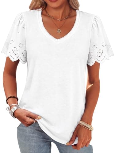 Chulianyouhuo Women's Summer T Shirts V Neck Short Sleeve Jacquard Blouse Casual Spring Fashion Basic Tee Tops(White S) - Image 1