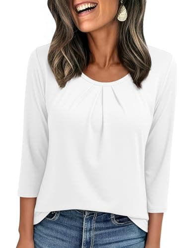 JUSTFASHIONNOW Womens 3/4 Length Sleeve Tops Crewneck Pleated T-Shirts Dressy Casual Tunic Basic Business Blouses(White Large) - Image 1
