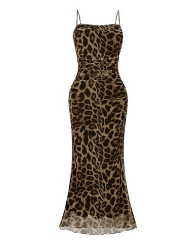 OutfitShow Womens 2026 Summer Floral Spaghetti Strap Bodycon Dresses Ruched Mesh Sexy Cocktail Party Long Dresses, Leopard S - Image 1