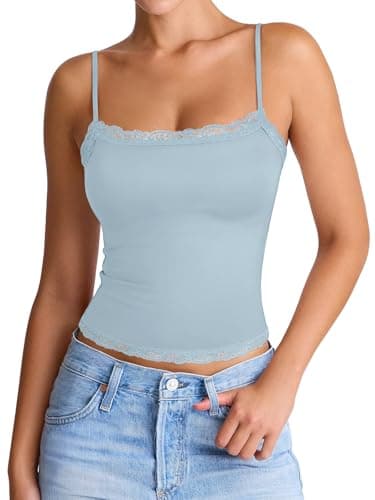 PINKMSTYLE Trendy Y2K Lace Trim Tank Top Square Neck Double Lined Slim Fit Cami for Women Trendy Going Out Tops Light Blue X-Large - Image 1