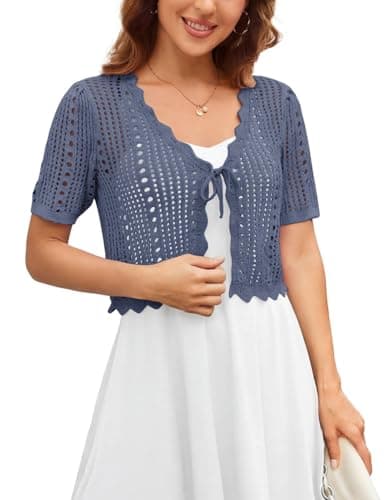 Kate Kasin Summer Crochet Cardigans for Dress Lightweight, Short Sleeve Cropped Shrugs, Tie Front Bolero Sweater Tops Blue XXL - Image 1