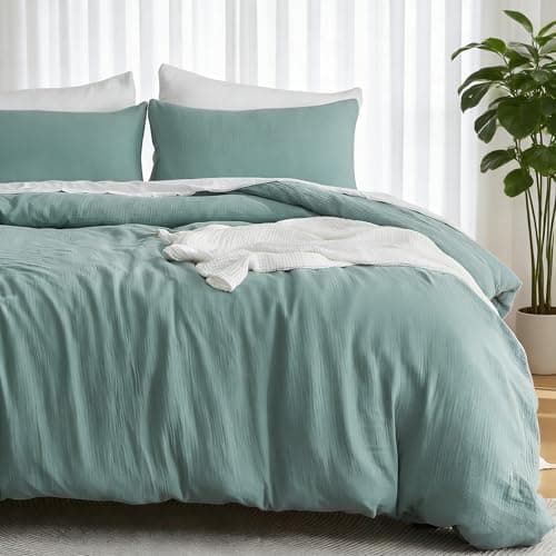 EMME Muslin Cotton Duvet Cover Set Teal King Size Linen Like Soft Breathable Lightweight Summer Comforter Cover Set with Zipper Closure (Teal, King, 104"x90") - Image 1