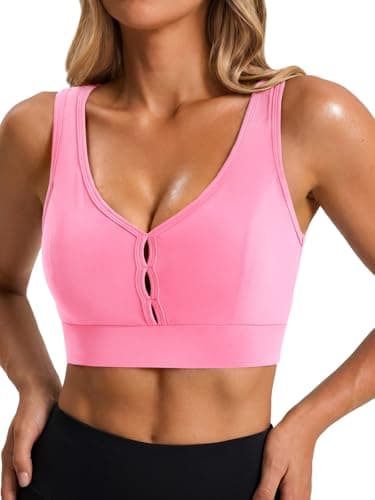 Aoysky Sports Bras for Women Padded Push Up Deep V Longline Medium Support Workout Running Yoga Bra with Removable Cups Pink - Image 1