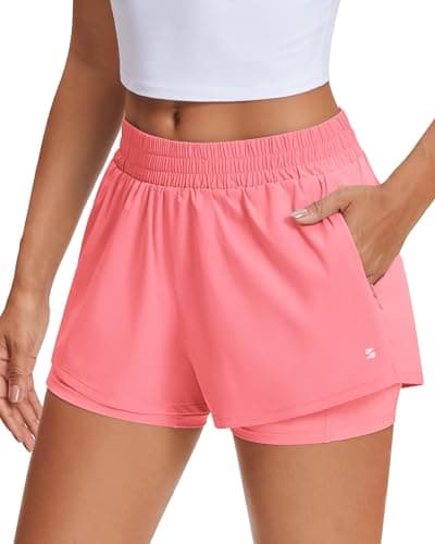 Stelle Women's 2 in 1 Running Shorts Athletic Workout Gym Shorts High Waisted Shorts with Liner Zipper Pockets (Coral, Medium) - Image 1