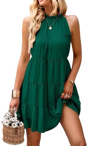 KIRUNDO Summer Sundresses for Women Spring Halter Flowy Babydoll Tiered Pleated Beach Wedding Guest Vacation Cruise Dress (Green, X-Large) - Image 1