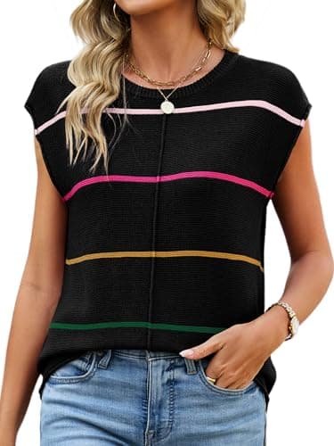 Bellcoco Womens Cap Sleeve Summer Tops Striped Sweater Vest Lightweight Casual Crewneck Loose Knit Pullover Tank Top Beach Vacation Outfits Black XXL - Image 1
