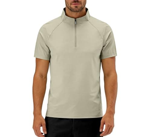 Oversized Workout Shirts for Men Short Sleeve Quarter Zip Athletic Shirts Pullover Lightweight Quick Dry Loose Fit Athletic Tops Baggy Work Out Shirt Breathable Gym Clothes Plus Size Gym Tshirt Khaki - Image 1