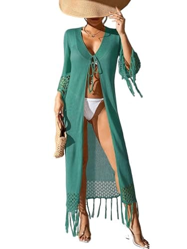 BreathSunny Womens Crochet Knit Swimsuit Coverup Long Cardigan Summer 2026 Tie Open Front Tassel Hollow Out Long Sleeve Mesh Swimwear Beach Swim Bikini Bathing Suit Cover Up Kimono Peacock Green L - Image 1