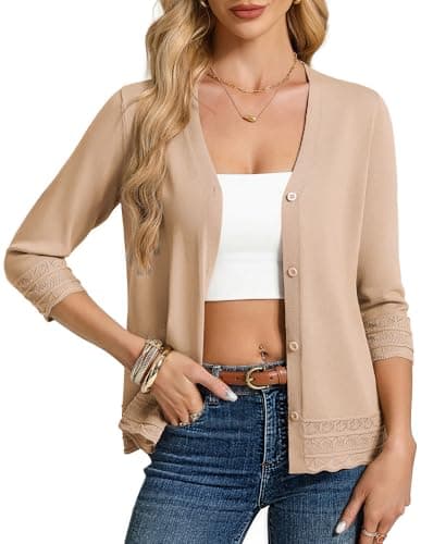 GRACE KARIN Lightweight Summer Cardigan for Women 3/4 Sleeve Knitted Cardigan Womens Button Down Sweaters(Camel,Medium) - Image 1