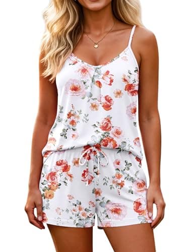 Marvmys 2 Piece Pajama Sets for Women Lounge Sets Cami Tops Shorts Summer Outfits with Pockets Orange Floral L - Image 1
