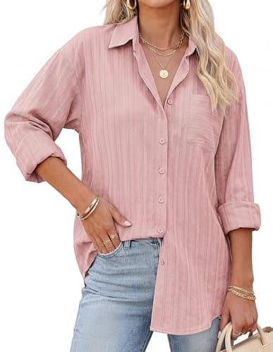 GRACE KARIN Women's 2026 Cotton Button Down Blouses, Dressy Casual Long Sleeve Shirts, Trendy Summer Collared Work Tops Pink L - Image 1