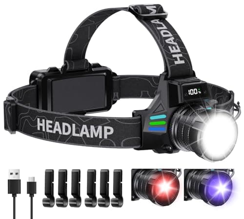 OMALIGHT Headlamp Rechargeable with White/Red/UV/Black Light Headlight,1080 High Lumens Super Bright LED Headlamps Battery Powered,16 Modes Waterproof Head Lamp for Hardhat Hunting Pet Urine Detection - Image 1