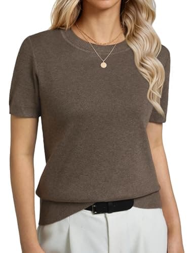 GKBK Women's Short Sleeve Sweaters Wool Blend Knit Pullover Summer Tops Soft Basic Tee Shirts Business Casual Outfits for Women 2026 Fashion Trendy Brown L - Image 1