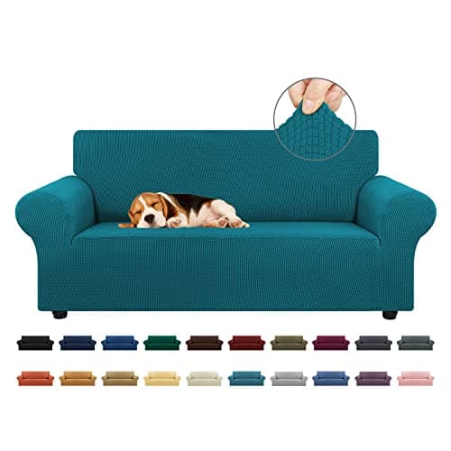 KEKUOU Stretch Loveseat Sofa Cover Slipcover,Couch Covers for 2 Cushion Couch Sofa (55"-78") Furniture Protector Sofa with Elastic Bottom for Kids,Dog. Jacquard Small Checked (Medium,Peacock Blue) - Image 1