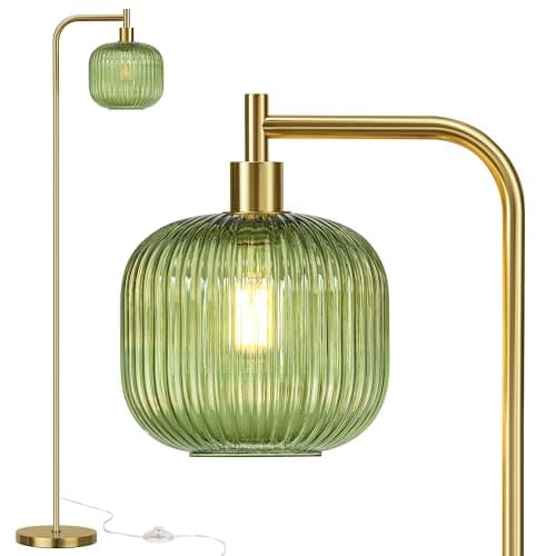 QiMH Glass Floor Lamp for Living Room, Modern Standing Lamp with Ribbed Glass Lampshade Pedal Switch, 67” Tall Lamp for Bedroom Study Room, Brushed Gold (2700K LED Bulb Included) - Image 1