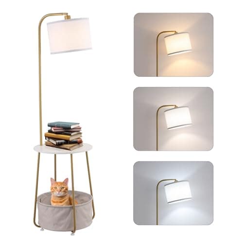 YJSQOEOE Floor Lamp with Cat Bed, Adjustable Lampshade, 3 Color Temperatures, Foot Switch Control, Tall Standing Lamp with Pet House, Modern Lighting for Living Room Bedroom Decor, Gold - Image 1