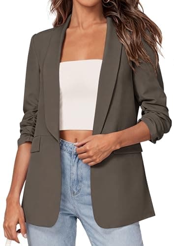PRETTYGARDEN Women's 2026 Spring Blazers Business Casual Outfits Open Front Ruched 3/4 Sleeve Lightweight Work Suits Jackets (Grey,X-Large) - Image 1
