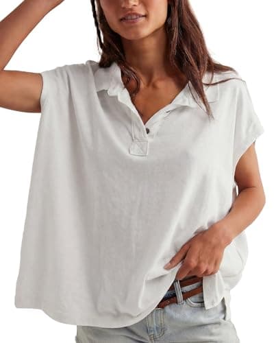 Jenkoon Womens Summer Oversized Cap Sleeve Polo Shirts V Neck Henley Tops Soft Cotton Tee Shirts(White,L) - Image 1
