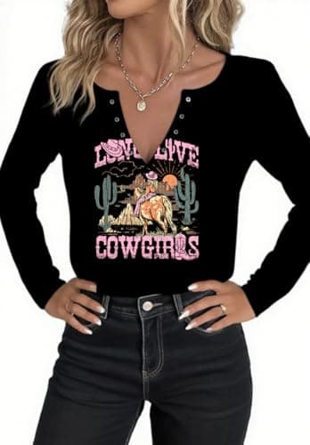Tewmeu Cowgirl Outfits for Women Western Country Concert Graphic Tee Casual Notched Neck Long Sleeve Top - Image 1