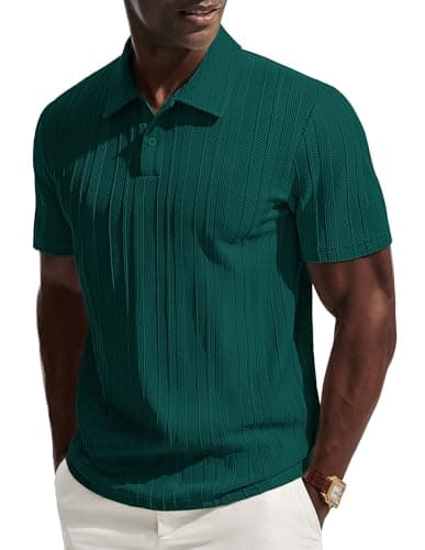 PJ PAUL JONES Mens Knit Polo Short Sleeve Collared Shirts Textured Polo Shirts Wrinkle-Free Ribbed Golf Shirts Green - Image 1