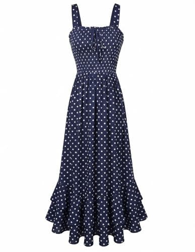 GRACE KARIN Women's 2026 Summer Floral Boho Dress Square Neck Strapped Swing A Line Sundress Beach Long Maxi Outfits Navy Blue Dots S - Image 1
