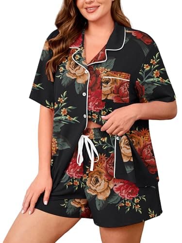 AusLook Plus Size Printed Pajama Set for Women Short Sleeve Button Down Sleepwear 2 Piece Loungewear with Pockets Notch Collar Drawstring Pajama Shorts Soft Comfy PJ 2X Set - Image 1