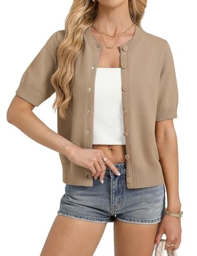 GRACE KARIN Womens Khaki Short Sleeve Cardigan, 2026 Basic Summer Cardigan Sweater, Cropped Cotton Shrug Sweater - Image 1