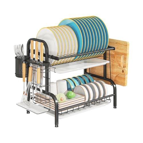 LEGUANG 2-Tier Stainless Steel Dish Drying Rack, Rustproof Dish Rack and Drainboard Set for Kitchen Counter or Over Sink, Space Saving Organizer with Removable Drainboard, Black - Image 1