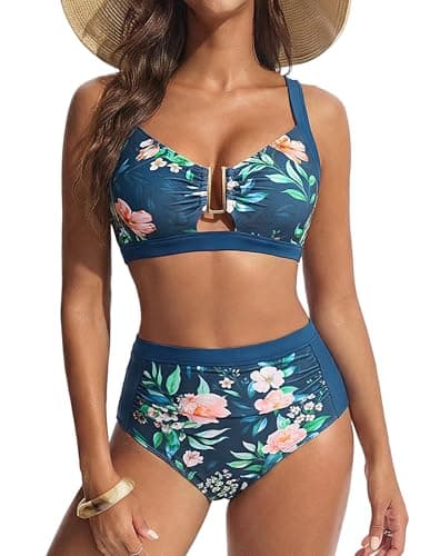 2 Piece Bikini Set for Women Tummy Control Swimsuit Modest Bathing Suit Top High Rise Vintage Swimwear (Blue Green Floral, XL) - Image 1