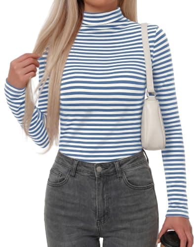 BTFBM Long Sleeve Shirts for Women Turtleneck Striped Shirt Lightweight Basic Thermal Underwear Tops 2026 Fall Fashion(Light Blue White, XX-Large) - Image 1