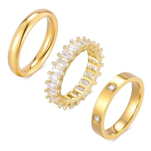 Stackable Gold Rings for Women - 3Pcs 18K Gold Plated Ring, Stainless Steel Cubic Zirconia Bands, Waterproof Non-Tarnish Minimalist Jewelry Daily Fashion Gift for Christmas Holiday Valentine's Day #6 - Image 1