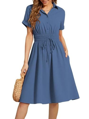 ECOWISH Summer Button Mini Shirt Dresses for Women V Neck Short Sleeve Petite Work Casual Smocked Empire Waist Dress Pockets Gray Blue X-Large - Image 1
