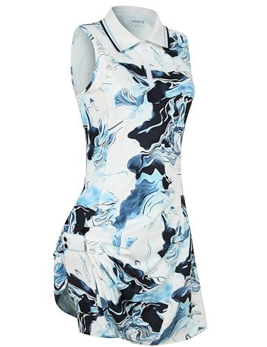 FREEYE Golf Dresses for Women Tennis Dress with Shorts Pickleball Outfits Workout Dresses Polo Dresses Blue Black Ripples XL - Image 1